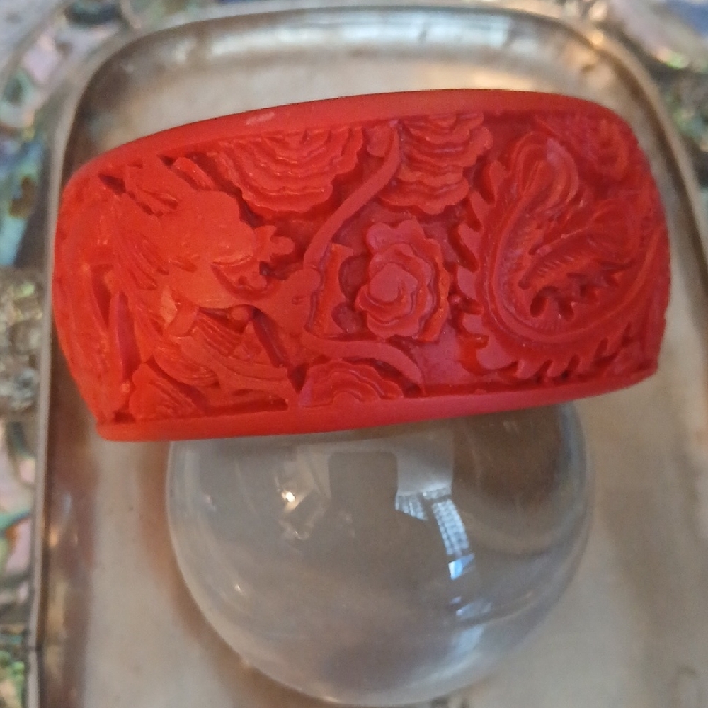 Red Cinnibar Resin Carved Bangle Bracelet